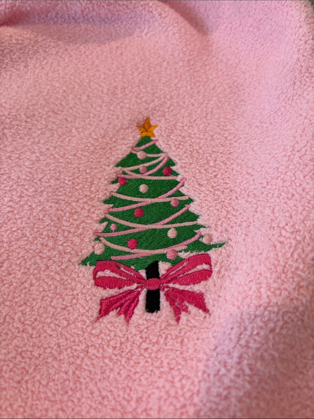 Pink Fleece Bottoms with Christmas Tree Embroidery - Picture 2 of 4